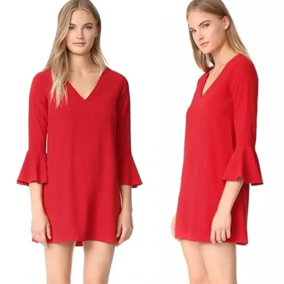Alice + Olivia Red 3/4 Bell Sleeves V Neck Mini Shift Dress - Picture 2 of 16
